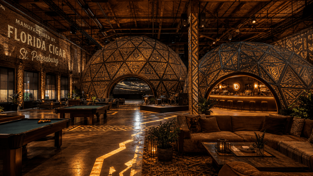 Geometric resonance dome visual showing experiential architecture.