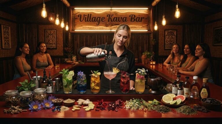 The Kava Resonance 7 mocktails featuring kava and other herbs. Village Kava Bar.
